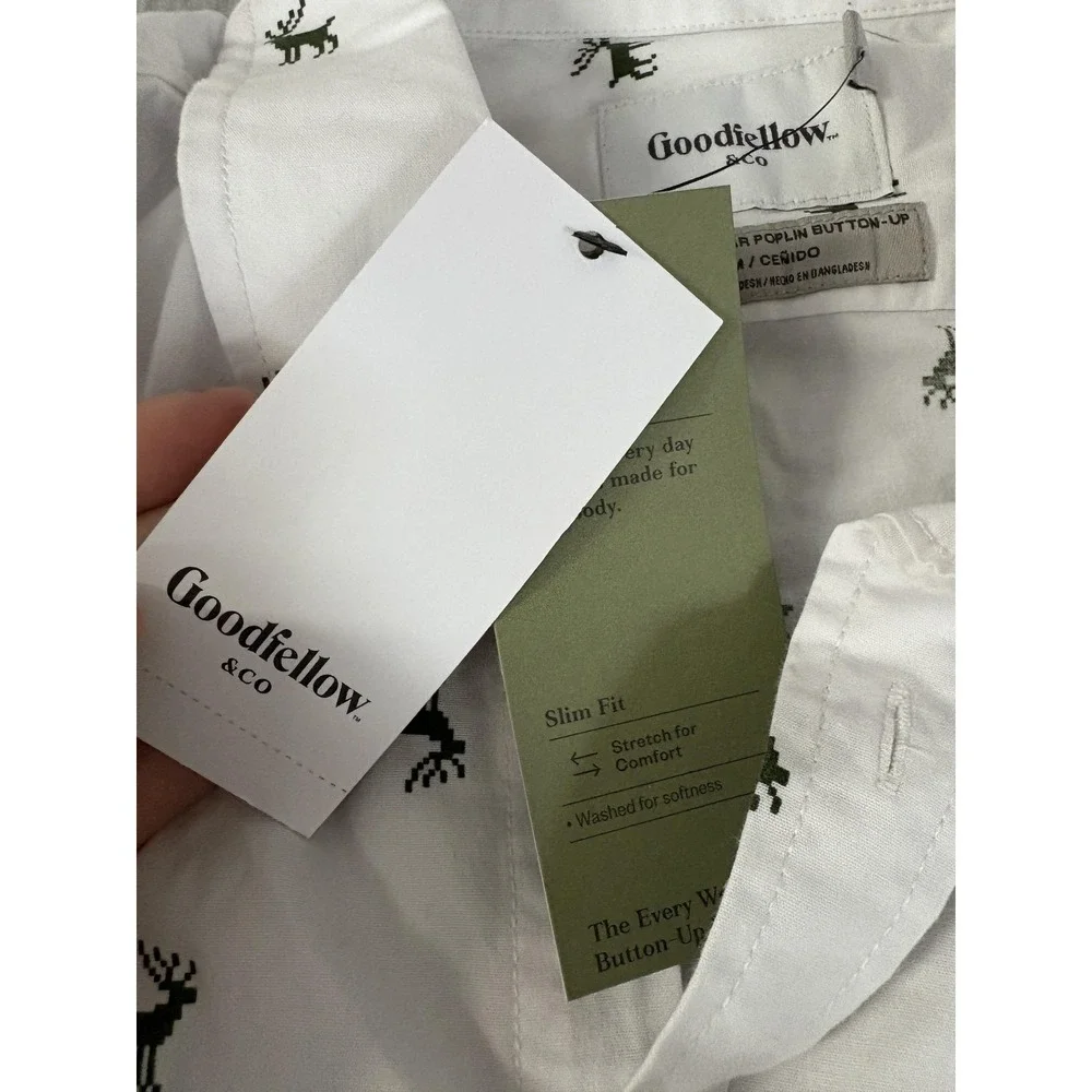 Goodfellow & Co Shirt Mens Large White Every Wear Poplin Slim Fit Deer Print‎